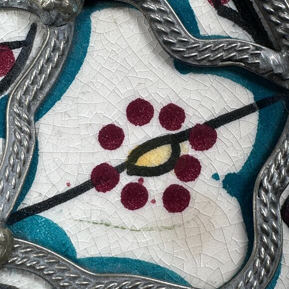 Vintage Moroccan Hand-Painted Shallow Bowl Nickel Detailing Handmade Wall Decor - Picture 9 of 10